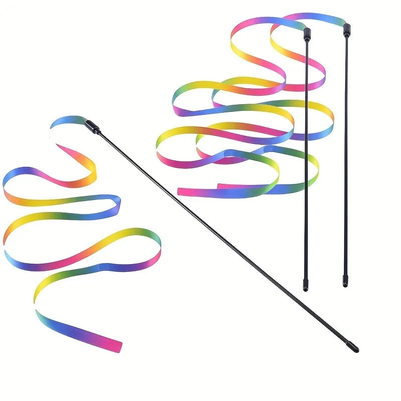 Interactive Cat Toys with Colorful Ribbon Strips Kitten Playing Teaser Wand Toy Cat Supplies