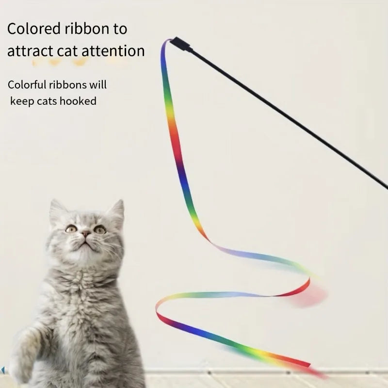 Interactive Cat Toys with Colorful Ribbon Strips Kitten Playing Teaser Wand Toy Cat Supplies