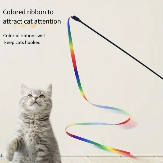 Interactive Cat Toys with Colorful Ribbon Strips Kitten Playing Teaser Wand Toy Cat Supplies