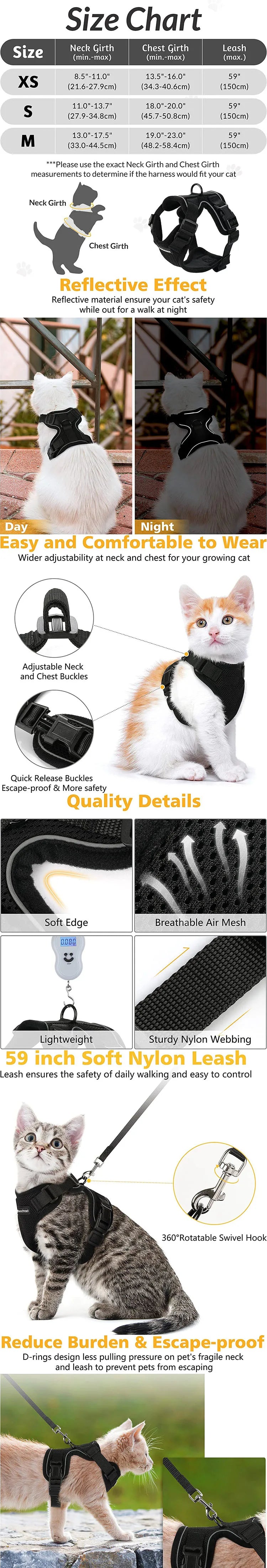 Easy Control Escape Proof Cat Harness and Leash - Soft Adjustable Vest Harnesses for Walking Cats MXQQY01