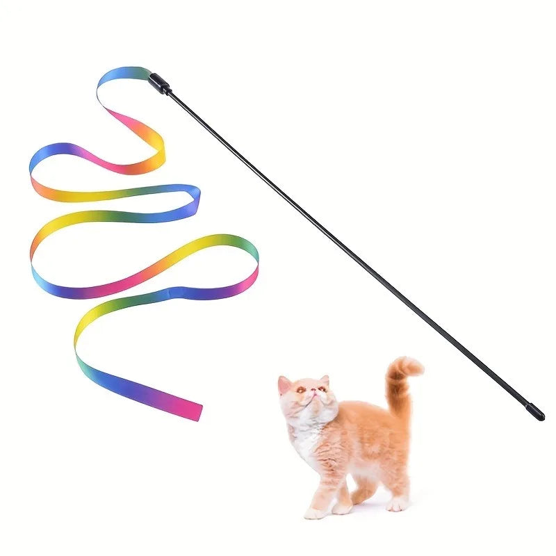 Interactive Cat Toys with Colorful Ribbon Strips Kitten Playing Teaser Wand Toy Cat Supplies